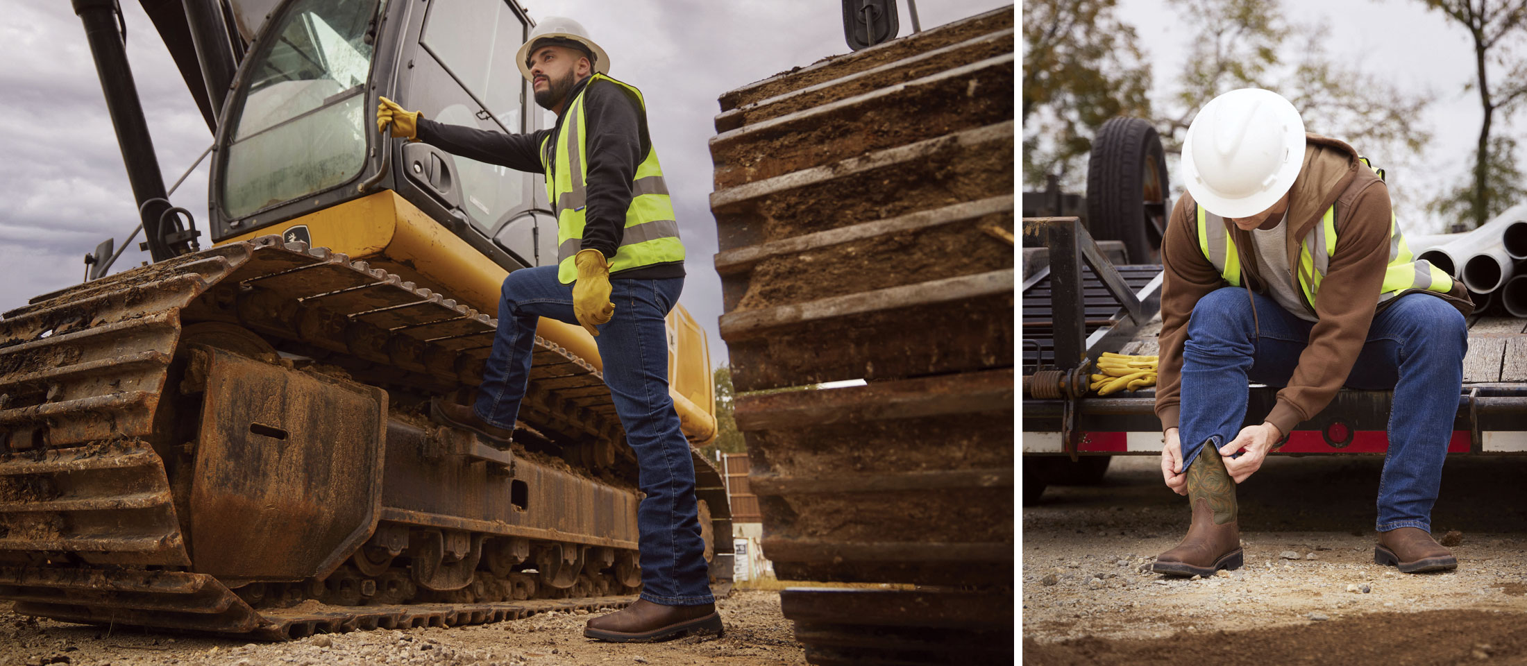 Un montaje fotográfico de un trabajador de la construcción con botas de trabajo Justin en un lugar de trabajo.